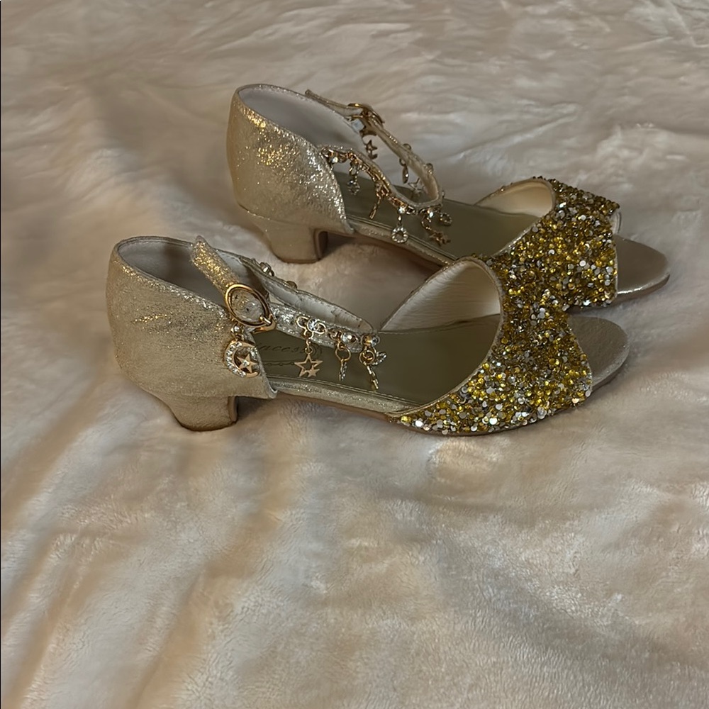 Gold and Cream Mary Jane Heels with Glitter